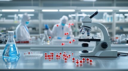 Scientific investigation in a laboratory setting using a microscope and various chemical compounds for analysis and discovery