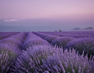 Obraz premium Breathtaking lavender fields in serene hues of purple at dawn, creating a tranquil and picturesque landscape.