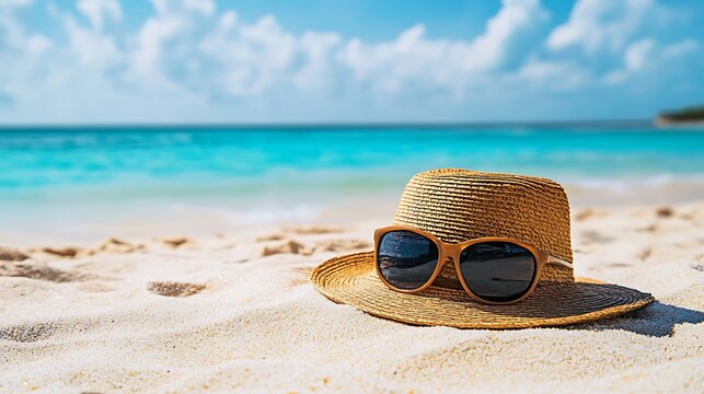 Straw Hat and Sunglasses on Beach / ビーチの麦わら帽子とサングラス