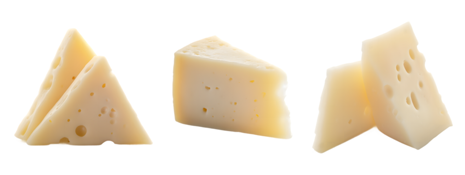 Three creamy white cheese slices featuring rough texture on a transparent background for culinary purposes
