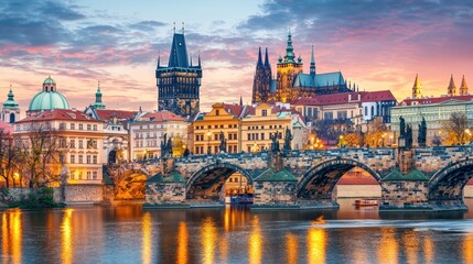 Obraz premium Scenic Prague cityscape at sunrise, featuring Charles Bridge and Prague Castle.