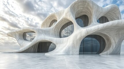 Modern abstract white concrete building exterior under cloudy sky