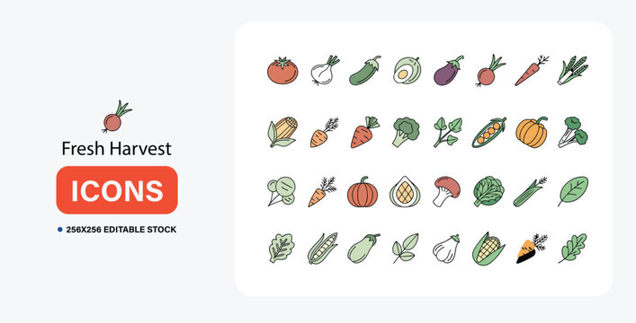 A vibrant collection of 32 fresh harvest vegetable icons, perfect for food-related designs. Editable 256x256 stock icons ideal for websites, apps, and print materials.