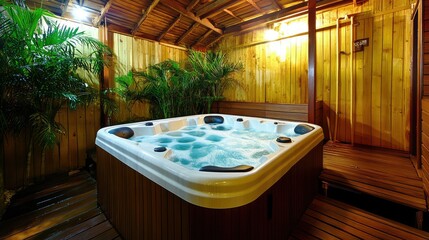Hot tub in wooden gazebo at night