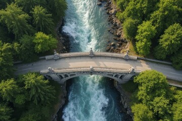 Aerial View of Ornate Stone Bridge Over Rushing River with Lush Greenery