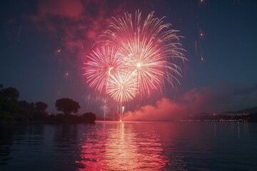 Stunning Fireworks Reflection on Calm Lake at Night