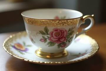 Fototapeta premium Delicate Floral Teacup Set with Gold Accents and Lace Detail