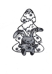Obraz premium Illustration of a bunny on the background of a Christmas tree, drawn with a black liner.