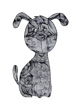 Illustration of a puppy made from various patterns, drawn with a black liner.