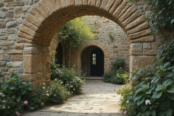 Fototapeta premium Rustic Stone Archway Framed by Greenery Leading to Old Building