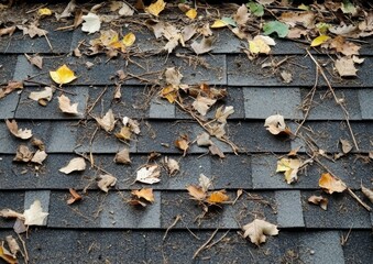 Autumn leaves scattered on asphalt shingles roof in fall season