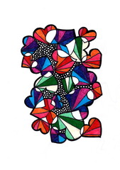 An illustration of hearts forming a harmonious composition, drawn with felt-tip pens and black liner.