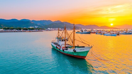 Fototapeta premium Tranquil Harbor Sunset with Fishing Boat and Mountain Views