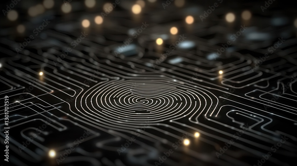Poster dark fingerprint maze with an intricate and futuristic circuit board pattern creating a visually str
