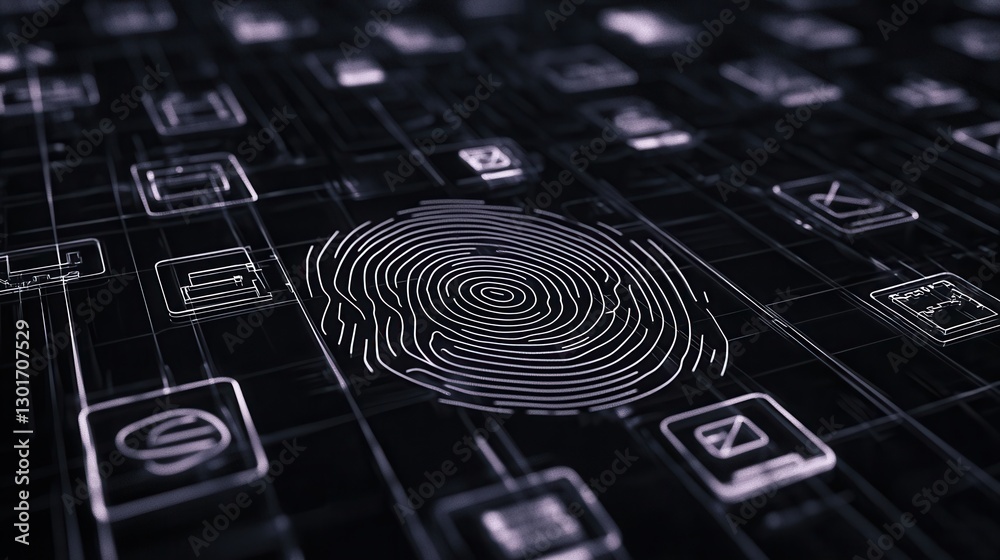 Poster dark and fingerprint maze with an intricately patterned digital design representing themes of techno