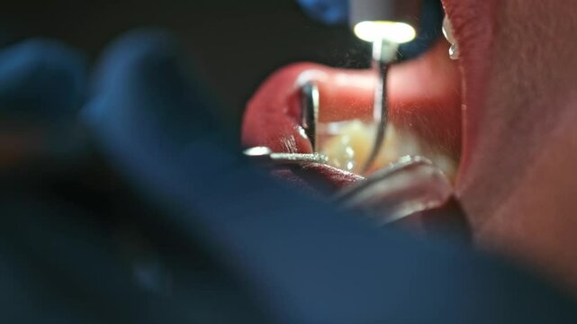 Professional dentist treating a patient in a modern dental clinic. The patient sits with an open mouth as the dentist drills and cleans teeth with water, ensuring proper dental care and hygiene.