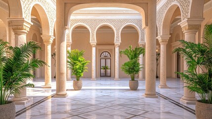 Sunlit courtyard with arches, columns, and potted plants.