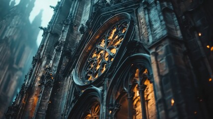 Naklejka premium Gothic cathedral detail, ornate stonework, rose window, low light.