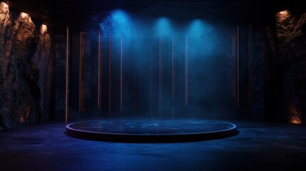 Mysterious podium illuminated by blue lights and golden accents against textured stone backdrop
