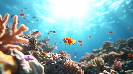 Fototapeta premium Clownfish swims coral reef, ocean sunlight. Underwater scene, vibrant marine life, for travel brochures