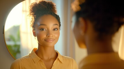 Woman Practicing Self-Love by Reciting Positive Affirmations in Mirror