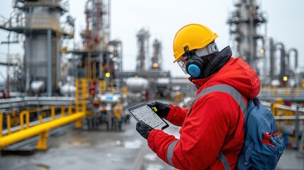 Energy Sector Engineer Reviewing Real Time Fuel Pipeline Data Using Digital Tablet at Industrial Refinery Facility  Monitoring and Optimizing Production Efficiency