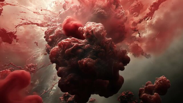 Evocative red cloud formations rising dramatically in an ethereal background of swirling mist and shadows