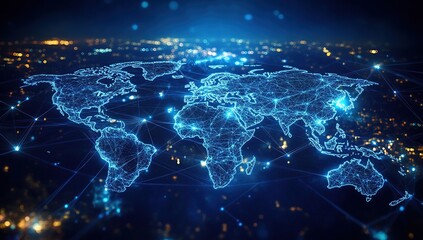 Glowing Blue Digital World Map Network at Night