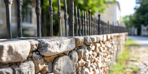 Fototapeta premium A softfocused image of a stone wall with a wrought iron fence, forming an artistic backdrop