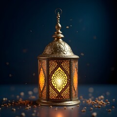 Elegant Ramadan Kareem Lantern with Golden Filigree Patterns and Warm Glowing Light