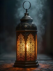 Ornate Metal Lantern with Golden Glow and Swirling Smoke - Spiritual Atmosphere