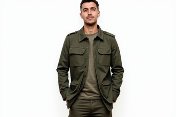 Obraz premium Half-Length (Waist-Up) portrait of young stylish smiling Albanian male model in military wear isolated on pure white background looking at camera