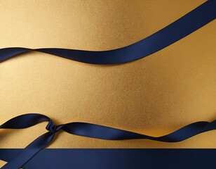 Elegant navy blue satin ribbons beautifully draped over a shimmering gold background.