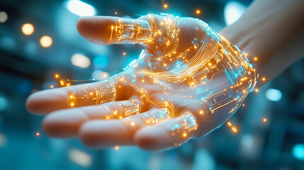 A hand with glowing circuits and digital elements emerges in a high-tech setting. The vibrant lights and intricate designs showcase advancements in technology and innovation
