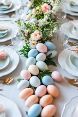 Easter Table Decorated with Flowers and Colorful Easter Eggs
