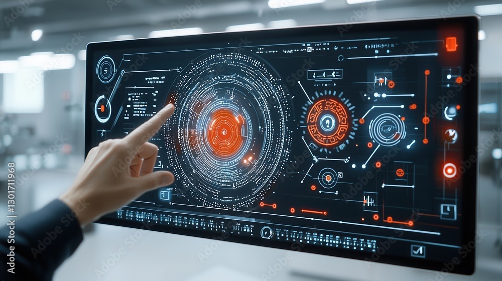 Poster fuel laboratory technician monitoring and analyzing test results on a sophisticated digital dashboar
