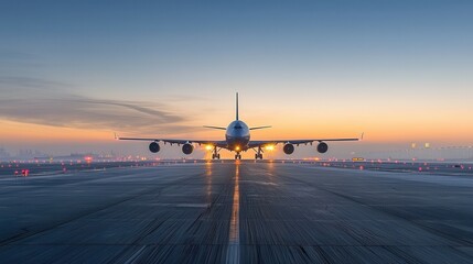 Front shot of a commercial jet aircraft with symmetrical engines on the runway during a breathtaking sunset scenery  The plane is ready for takeoff or landing in an urban metropolitan airport setting