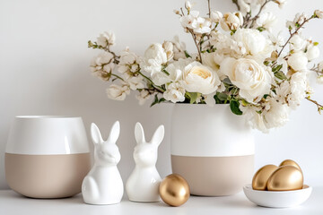 Elegant Easter still life with white ceramic rabbit figurines, golden eggs, and a floral arrangement of white roses and blossoms in a modern vase on a white background