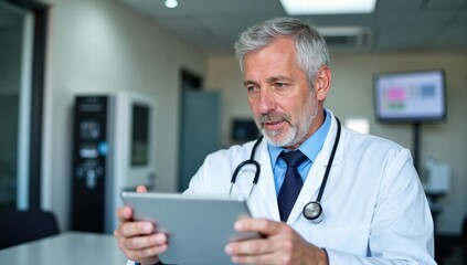 Concentrated Doctor Checking Schedule on Tablet in Modern Clinic