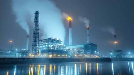 Illuminated industrial fuel processing plant with towering chimneys emitting steam and smoke reflected in the still waters of a lakeside or riverside setting at night