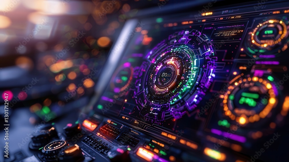 Poster futuristic control center with a highly advanced digital interface featuring holographic displays da