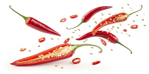 Flying red chili peppers, isolated on white background