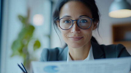 Paperwork, businesswoman writing data in spreadsheet and filling out tax forms, woman inside office using laptop, financier accountant preparing financial investment report, smiling looking camera