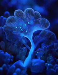 Macro shot of glowing bioluminescent algae, creating an otherworldly, dreamy atmosphere with vibrant blue and green light patterns.

