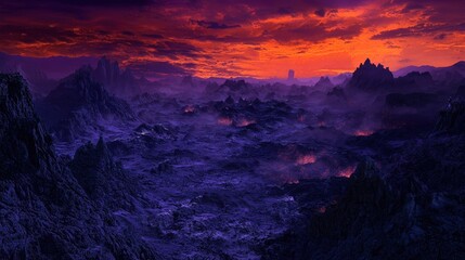 Volcanic landscape at sunset, fiery sky over dark mountains and lava flows.