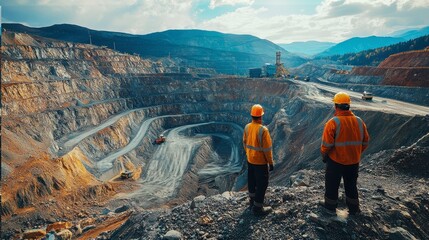 Caucasian male workers overseeing open-pit mine operations in a vast quarry landscape