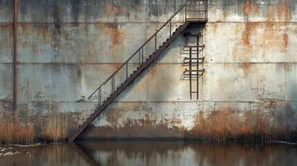 Rusty staircase on weathered industrial structure over reflective water