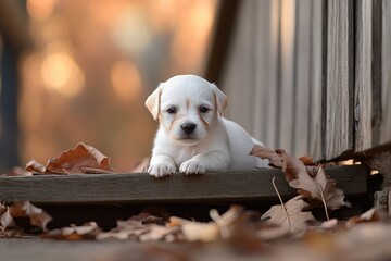 Adorable white puppy relaxing on wooden steps in autumn scenery