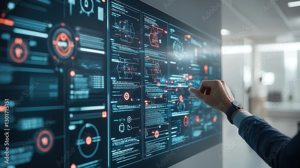 Poster cybersecurity experts closely examining a complex high tech cyber attack breach on a critical digita