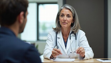 Obraz premium Professional Hispanic Woman Explaining Medication Instructions to Patient at Hospital Reception